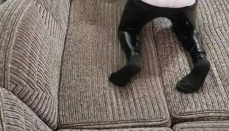 Diapered chained slave in latex pants masturbate.