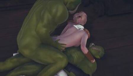 Two orcs staged a double penetration into a cute elf