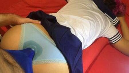 cute girl wearing japanese schoolgirl outfit gets dry humped from behind, cum in pants assjob