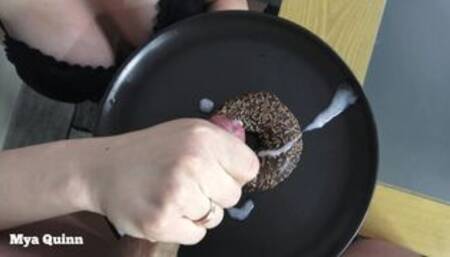 Cum on food - eating sperm chocolate doughnut and spit blowjob - Mya Quinn