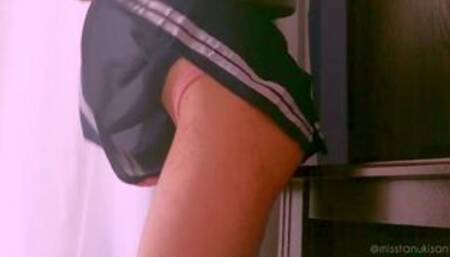 Skinny redhead Asian girl rubbing school table after class when no ones watching japan teen uniform