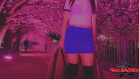 young Submissive stepsister in public, undress and masturbate in the park caught, and she obeys
